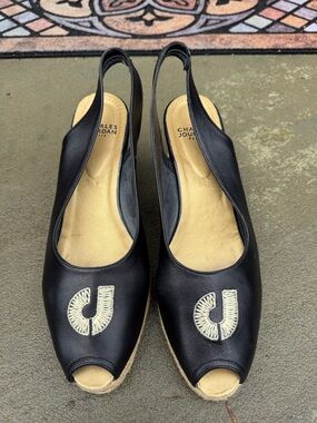 CHARLES JOURDAN BLACK LEATHER EMBROIDERED ESPADRILLES SLINGBACK PEEP TOE SANDALS